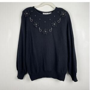 90s Vintage Cristina Sweater Women L Black Floral Beaded Pearl Fuzzy Embellished